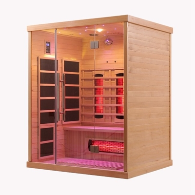 Kontrol paneli ve LED aydınlatması olan lüks ahşap renkli uzak kızılötesi sauna