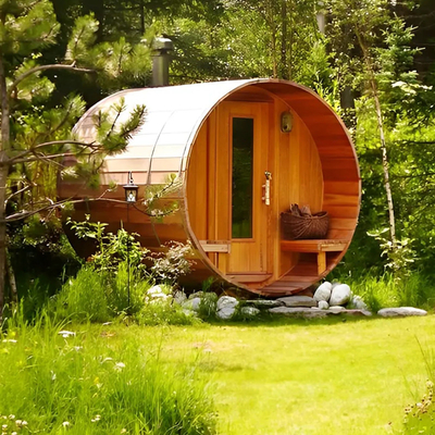 Hemlock Ahşap Panoramik Büyük Fıçı Açık Sauna 4-8 Geleneksel Ahşap Fıçı Buhar Saunası