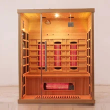 Kontrol paneli ve LED aydınlatması olan lüks ahşap renkli uzak kızılötesi sauna