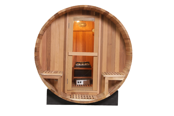 Kanadalı Kırmızı Sedir Ahşap Fıçı Sauna 6KW ısıtıcı 8mm sıcak cam kapılı ahşap sauna fıçı