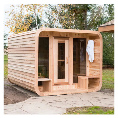 Hemlock Açık Hava Kuru Sauna Tam Cam Kapılı - 15-90°C sıcaklık aralığı