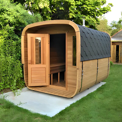 Hemlock Açık Hava Kuru Sauna Tam Cam Kapılı - 15-90°C sıcaklık aralığı